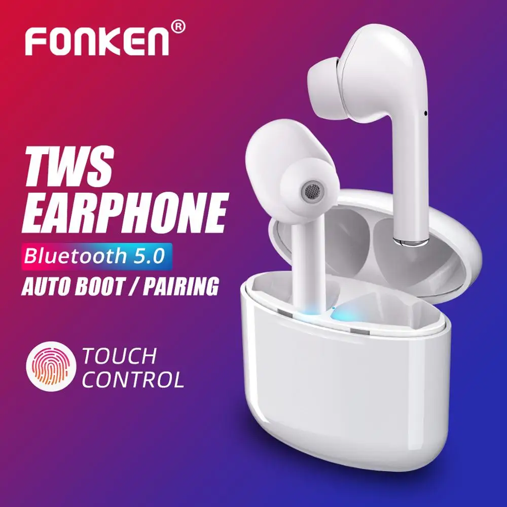 Наушники FONKEN Tws Blutooth 5,0, ультралегкие Беспроводные наушники с 400 мАч зарядным устройством, сенсорное управление, свободные руки, спортивные наушники