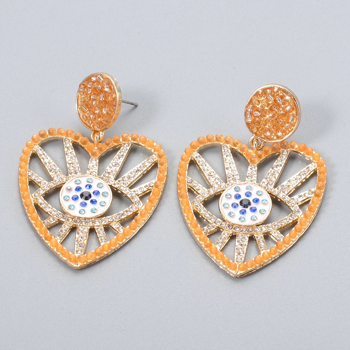 

New Evil Eye Earrings Wholesale Heart Shaped Colorful Rhinestone Champagne Alloy Drop Dangle Earrings Women Pendant Jewelry