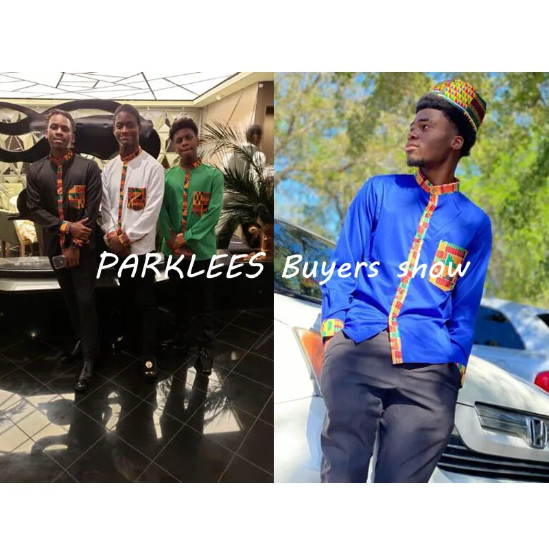 

Dashiki African Mens Shirt Patchwork Pocket Africaine Print Shirt Men Ankara Style Long Sleeve Design Collar Mens Dress Shirts