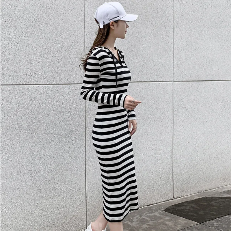

WOMENGAGA Long Sleeve Casual Striped Hooded Sweatshirt Female Slim Skinny Hip Wrap Maxi Dress Striped Dresses Korean Winter S037
