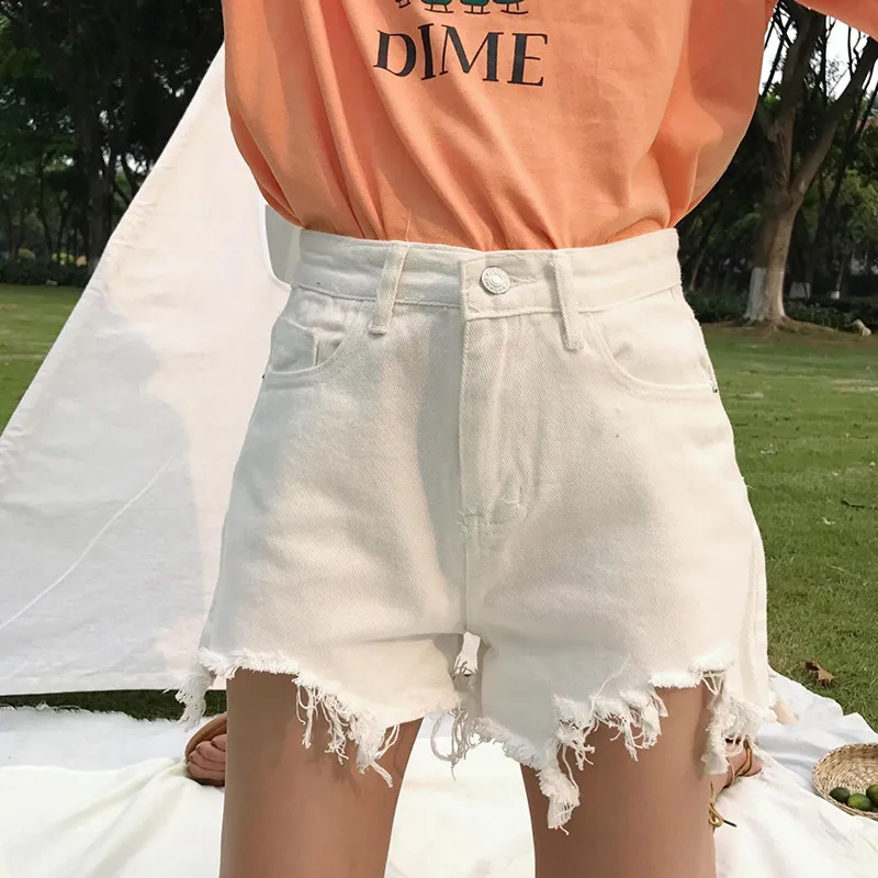 

Female Casual High Korean Jeans Loose Jeans Loose Black Shorts Streetwear Style White Wide-Leg Solid Color Waist Shorts Shorts K