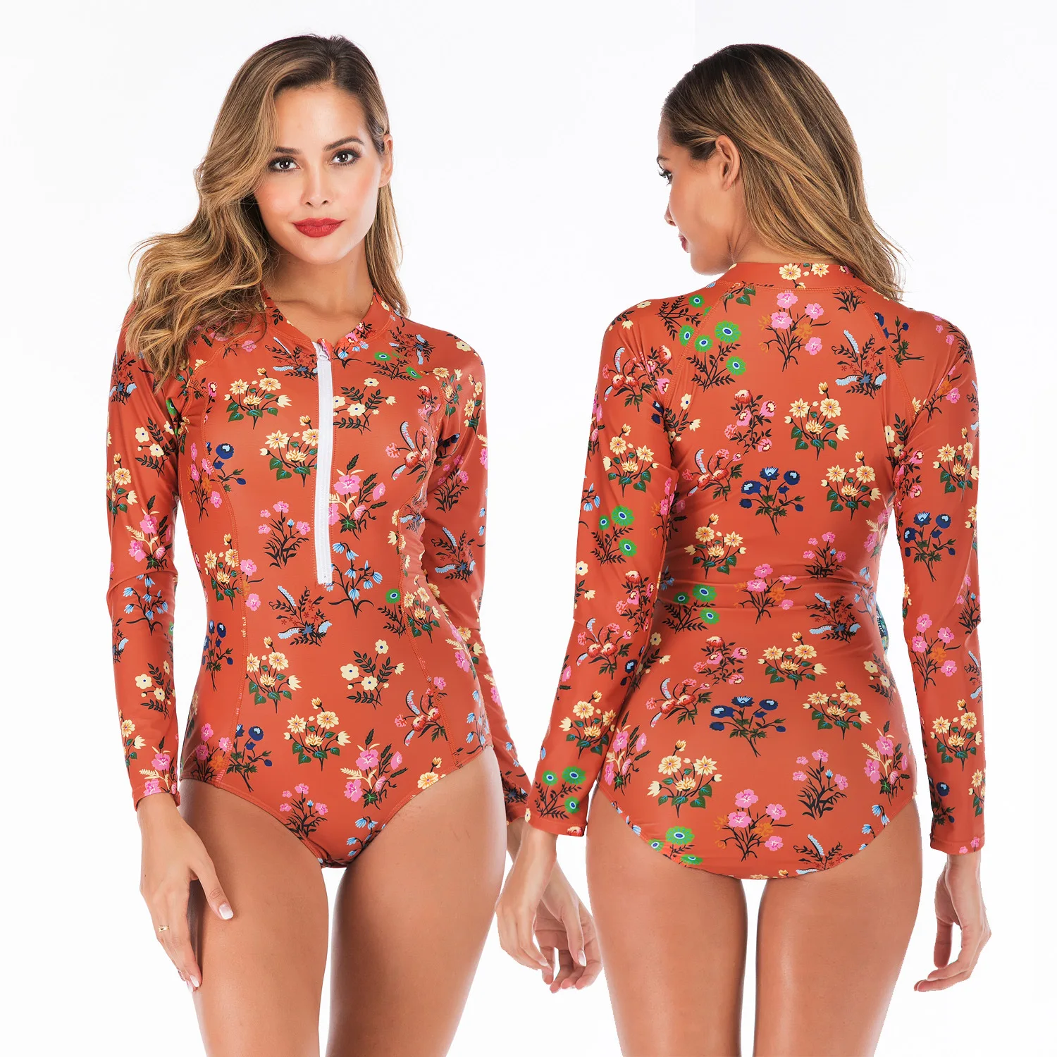 

Orange Women Flower Print One Piece Body Suits Beachwear Surfing Diving Swimsuit Sexy Swimwear Summer Long Sleeve Bathing Suit