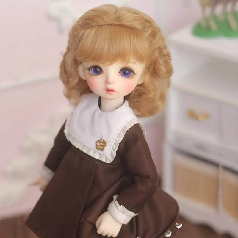 Bybrana bjd 1/3 1/4 1/6 1/8 мохер принцессы двойная оплетка короткие кудрявые волосы, розовые, желтые, морковь светильник коричневый пользовательские кукольный парик
