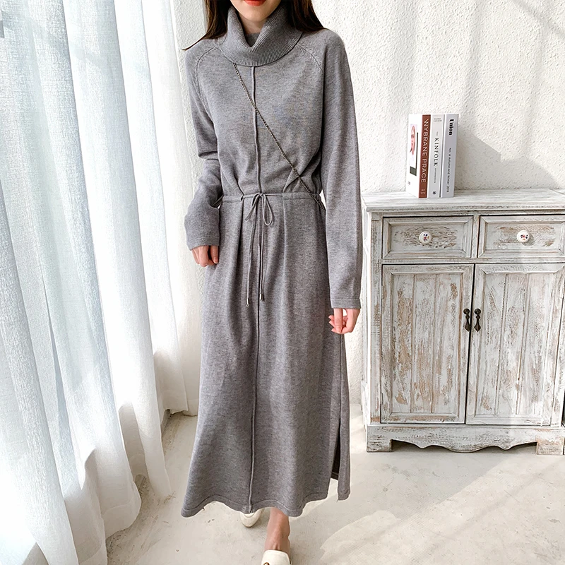 

New 2021 Autumn Winter Women Dresses Turtleneck Drawstring Oversize Korean Split Knitted Elegant Long Dresses