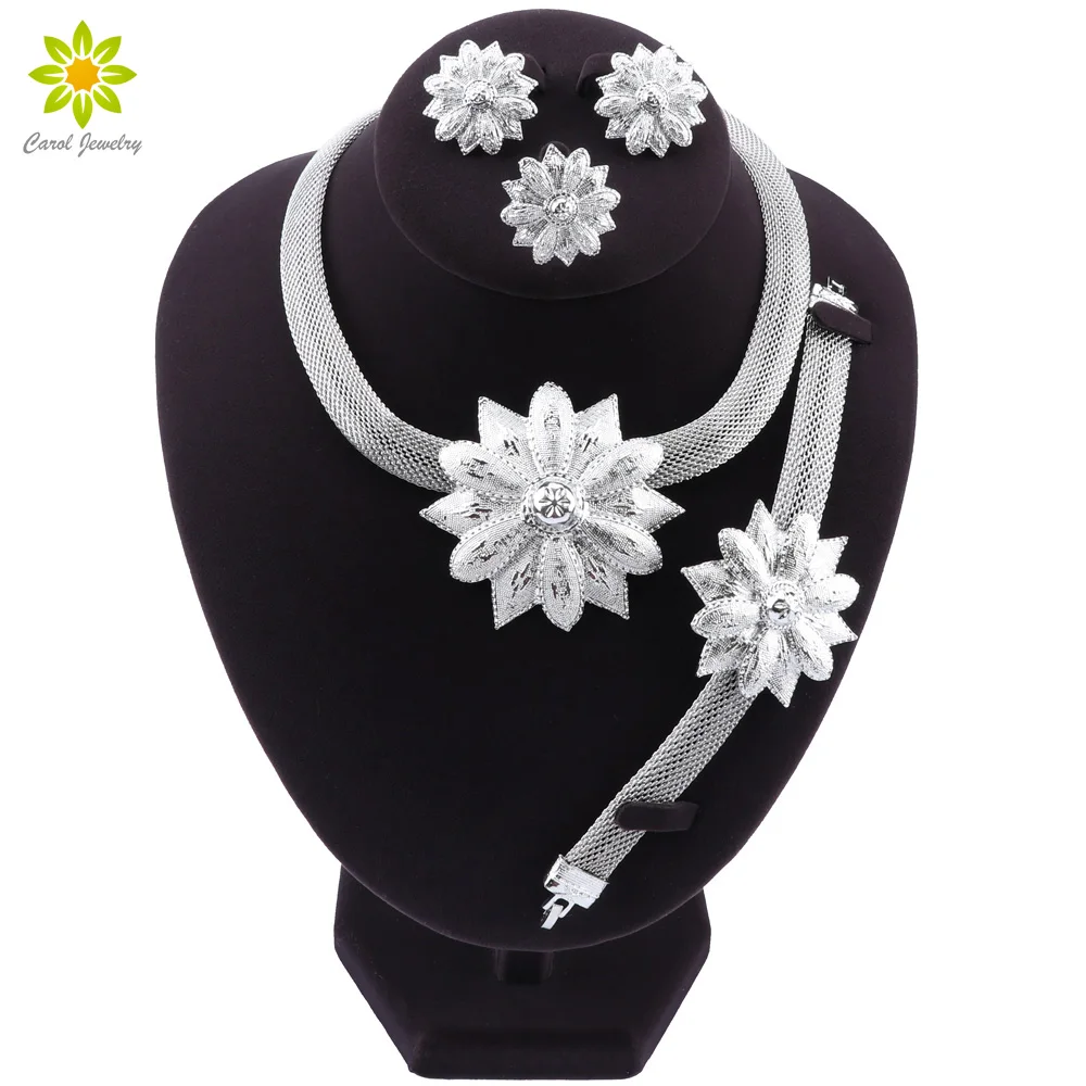 

Bridal Wedding Silver Plated Necklace Earrings Bracelet Ring For Brides Party Accessories Flowers Costume Decoration Gifts Women