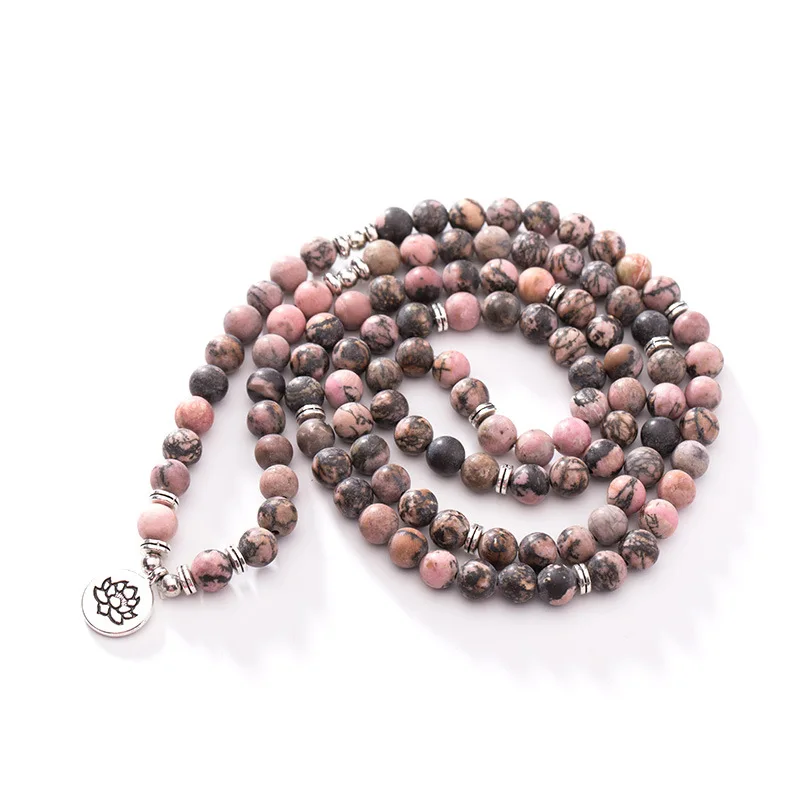 

GVUSMIL 108 Prayer Beads Mala Necklace OM Lotus Charm Jewelry 8mm Black Line Rhodonite Meditation OM Bracelet