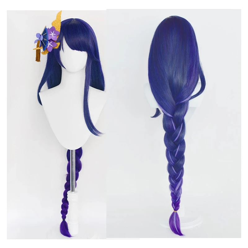 Парик для косплея Game Genshin ударопрочный Raiden Shogun длинные синие фиолетовые плетеные
