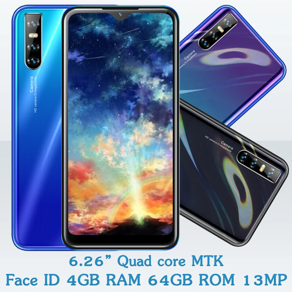 

10X Pro Face ID 4G RAM 64G ROM Smartphones 13mp HD Camera Unlocked Quad Core Mobile phones IPS Android 6.26" Water Drop Screen