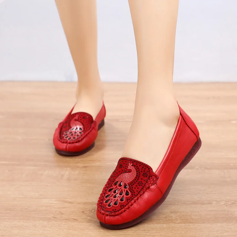 Женские лоферы на плоской подошве OUKAHUI из натуральной кожи с принтом павлина