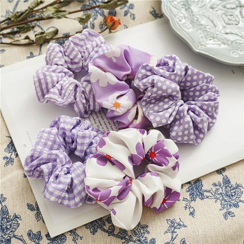 

1Pc Korean Purple Floral Scrunchie Women Flower Dots Print Elastic Hair Bands Rubber Gum Hair Tie Ponytail Hold Hair Accessories