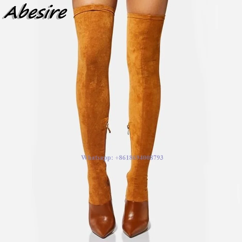 New Long Splicing Brown Boots Side Zipper Solid Stilettos High Heel Over The Knee Women Boots Pointed Toe Shoes botas de mujer