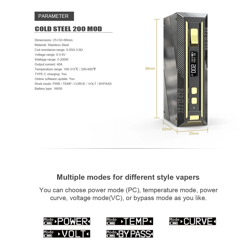 Оригинал Ehpro холодная сталь 200 TC коробка мод Вт макс Vaping подходит Двойной 18650