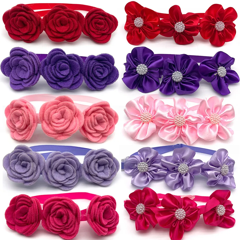 

30/50pcs Valentine's Day Pet Dog Pearl Flower Bowties Neckties Pet Accessories Rose Flowers Dog Cat Necklace for Small Dog