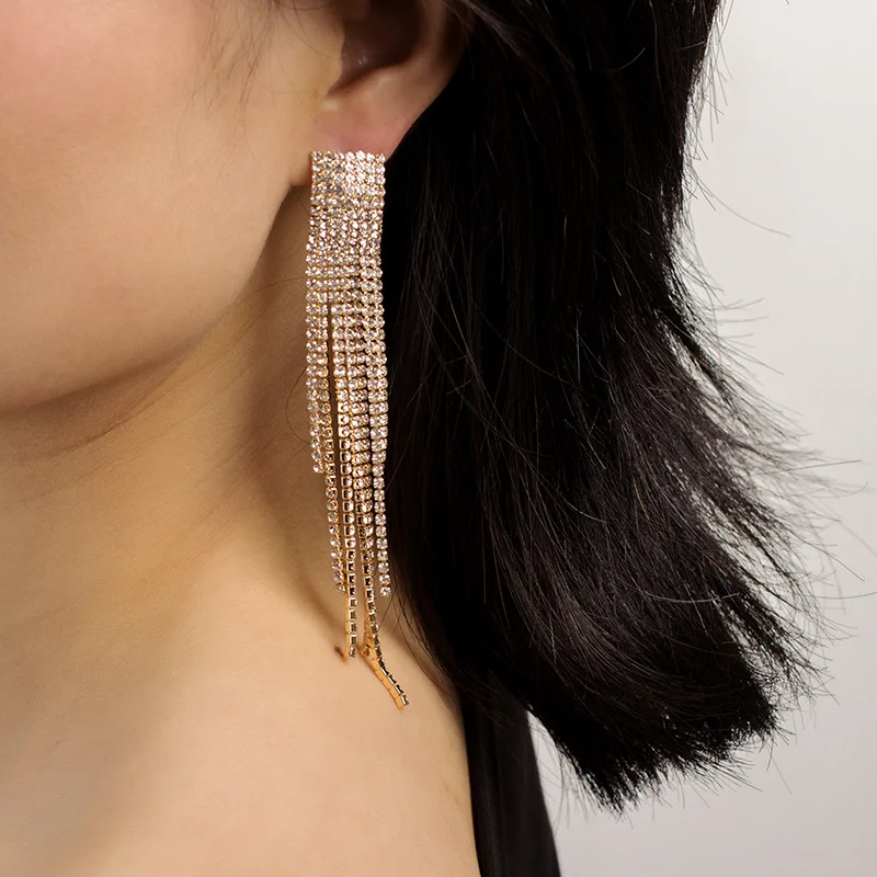 

Модные Преувеличенные длинные Стразы с кисточками, серьги, блестящие серьги-гвоздики для женщин, модные ювелирные изделия
