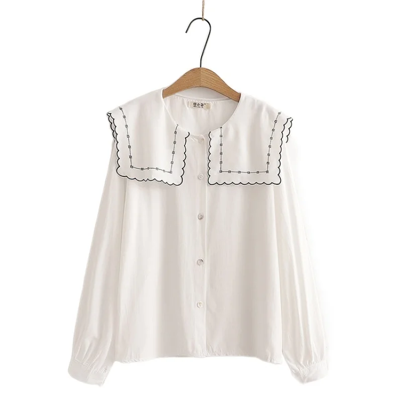 

Solid Embroidery Cotton Shirt Women 2021 Autumn Preppy Style Full Sleeve Peter Pan Collar Korean Fashion Ladies Basic Daily Tops