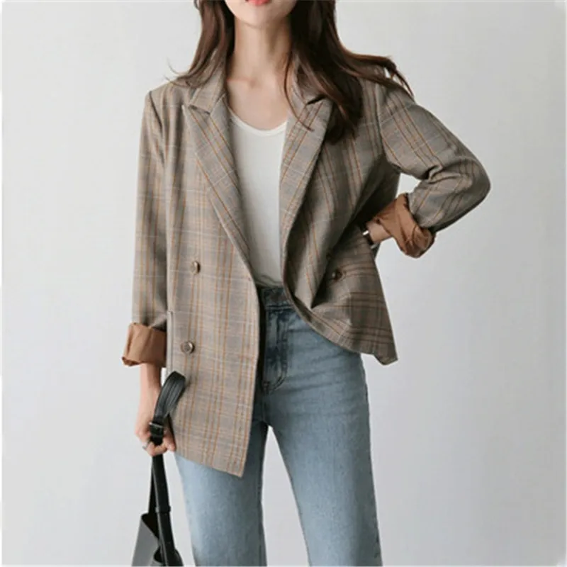Женский клетчатый пиджак в стиле ретро повседневный свободный с длинным рукавом