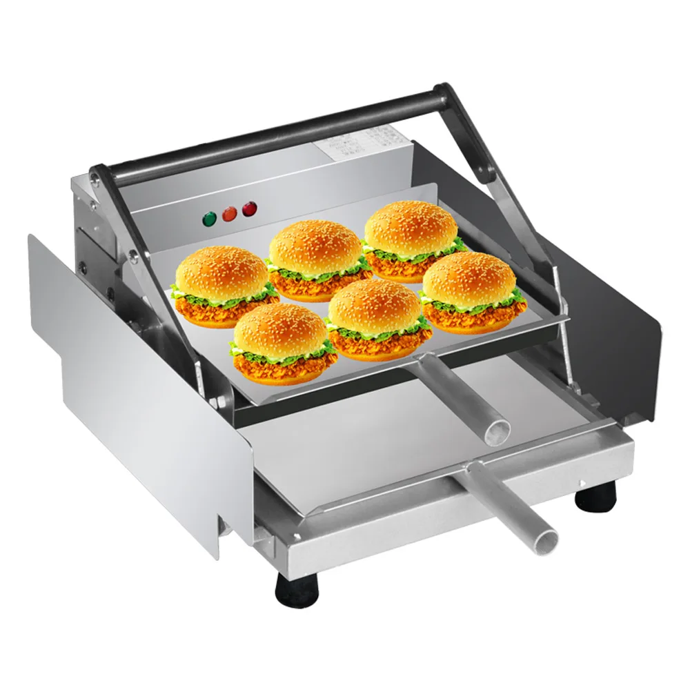 التجارية برغر شواء الألومنيوم لوحة محمصة التلقائي همبرغر ماكينة الخبز طبقة مزدوجة همبرغر آلة التدفئة