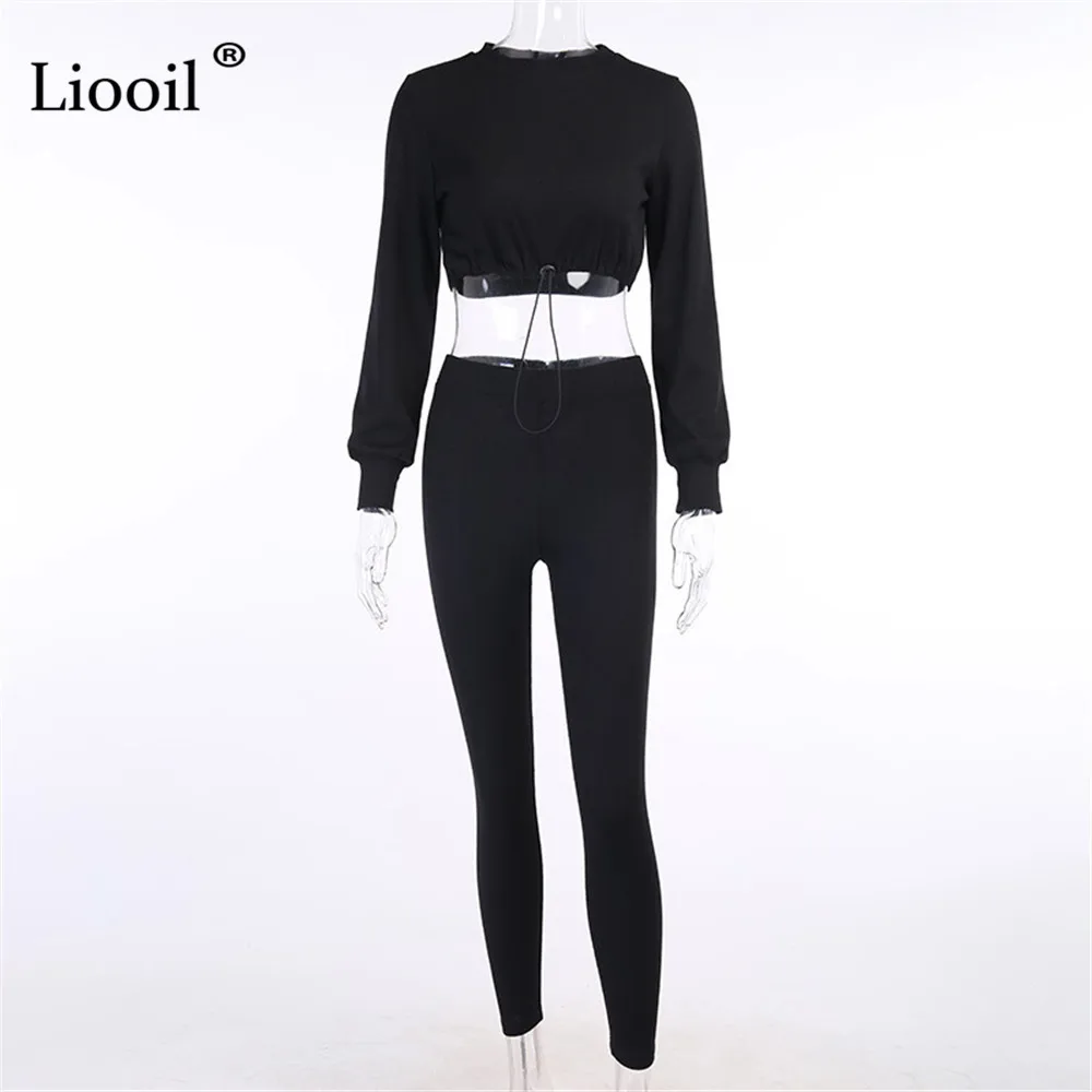 

Liooil Two Piece Knit Ribbed Set Sexy Crop Tops And Pants 2021 Autumn Winter Long Sleeve O Neck Women Club Outfits Tight Sets