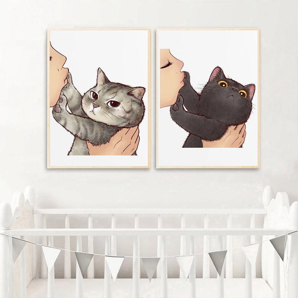 

Wall Art Canvas Painting Funny Cat with Kids Cartoon Posters And Prints Cute Nordic Wall Pictures For Living Room Salon Decor