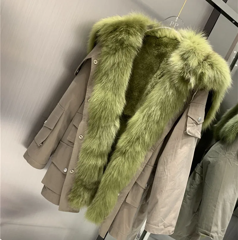

2021 New Winter Coat Women Medium Long Jacket Real Fur Coats Large Fox Fur Collar Detachable Natural Rex Rabbit Fur Liner