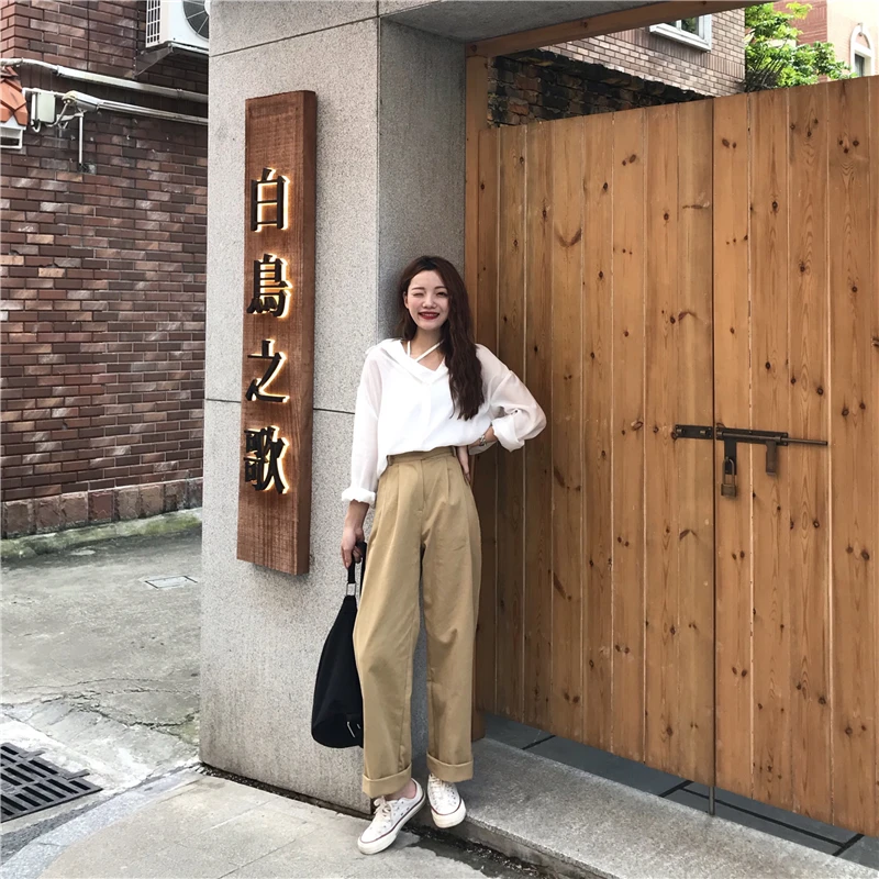 

Casual Pant Suits Loose Two Piece Set Women Long Sleeve White Shirt Blouse and High Waist Straight Long Pant 2 Piece Outfits