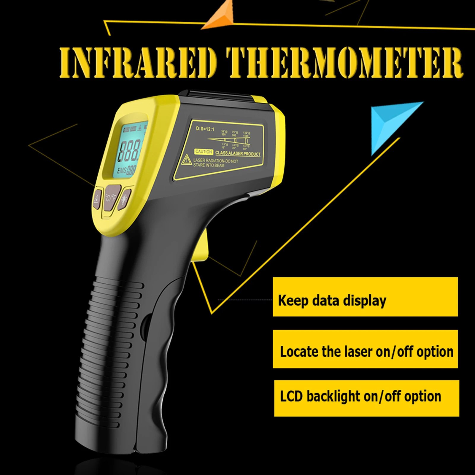 

Цифровой инфракрасный термометр, Бесконтактный лазерный прибор для измерения температуры, пирометр с ЖК-дисплеем, промышленный, высокого к...
