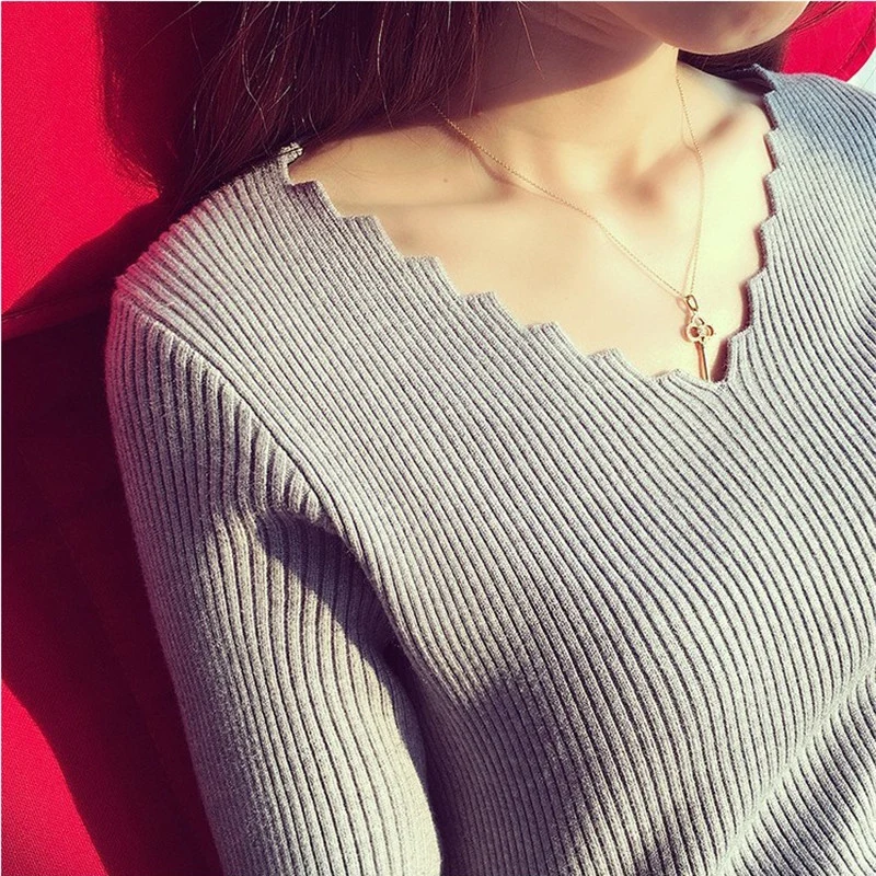 Модный осенний Женский вязаный свитер с v-образным вырезом и длинным рукавом