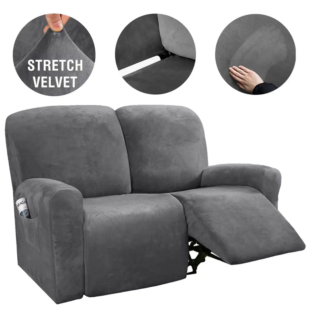 

2-3 Seater Sofa Cover Stretch Velvet Recliner Sofa Wing Chair Cover Slipcover Couch Covers Furniture Protector With Side Pocket
