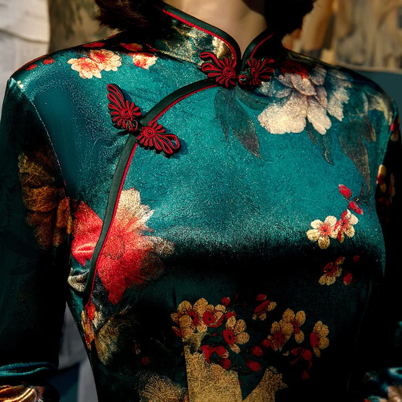 L-5XL, женские осенние велюровые платья Cheongsam, плюс размер, бархатное позолоченное традиционное китайское платье, Зеленое Длинное Qipao