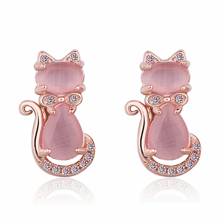 

FYJS Unique Rose Gold Color Cute Cat Shape Natural Rose Pink Quartz Stud Earrings for Anniversary Gift