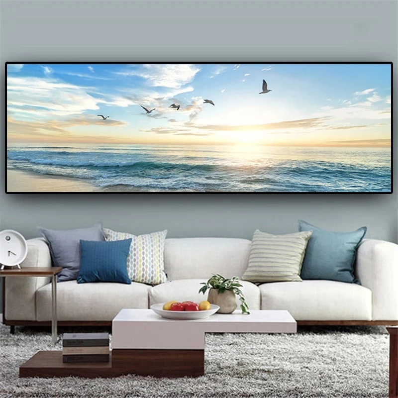 

Seascape Canvas Painting Natural Sunrise Sea Beach Flying Birds Landscape Posters Wall Art Picture for Living Room Home Decor