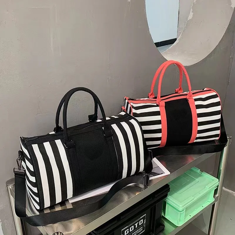 

Classic Black Pink Canvas Striped Travel Bag Fashion Sports Canvas Tote Large Capacity Short Distance Yoga Fitness Bag