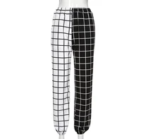 hight waist straight loose long trousers streetwear cool girls black and white checkerboard patchwork trousers cargo pants