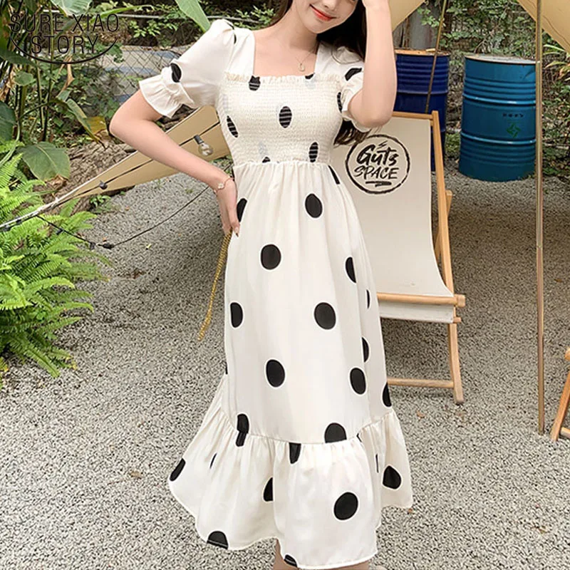 

French Style Vintage Bubble Sleeve Short Sleeve Dress Women Square Collar Niche Wave Point Long Dress Female Robe Vestidos 14105