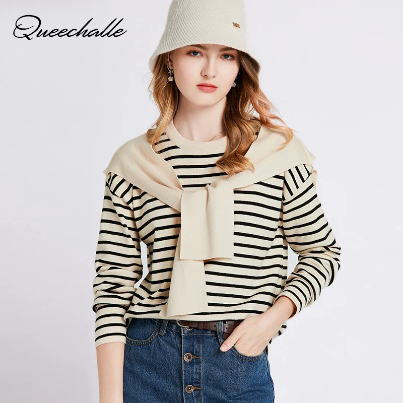 

Apricot Striped Sweater Women's Shawl Sailor Collar Patchwork Loose Pullover Sweater Female Autumn Long Sleeve Knitted Jumpers