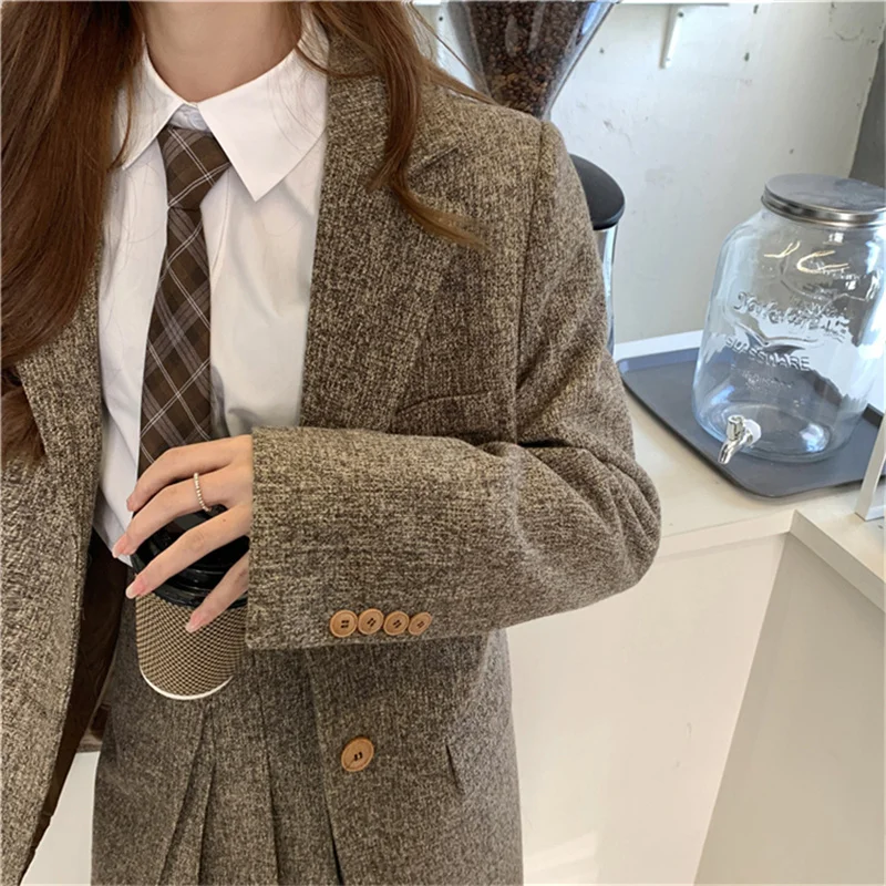 Sungtin Preppy Style Woolen Women Pleated Skirt and Blazer 2 Piece Set Korean Kawaii Suit Female Cute JK Warm |