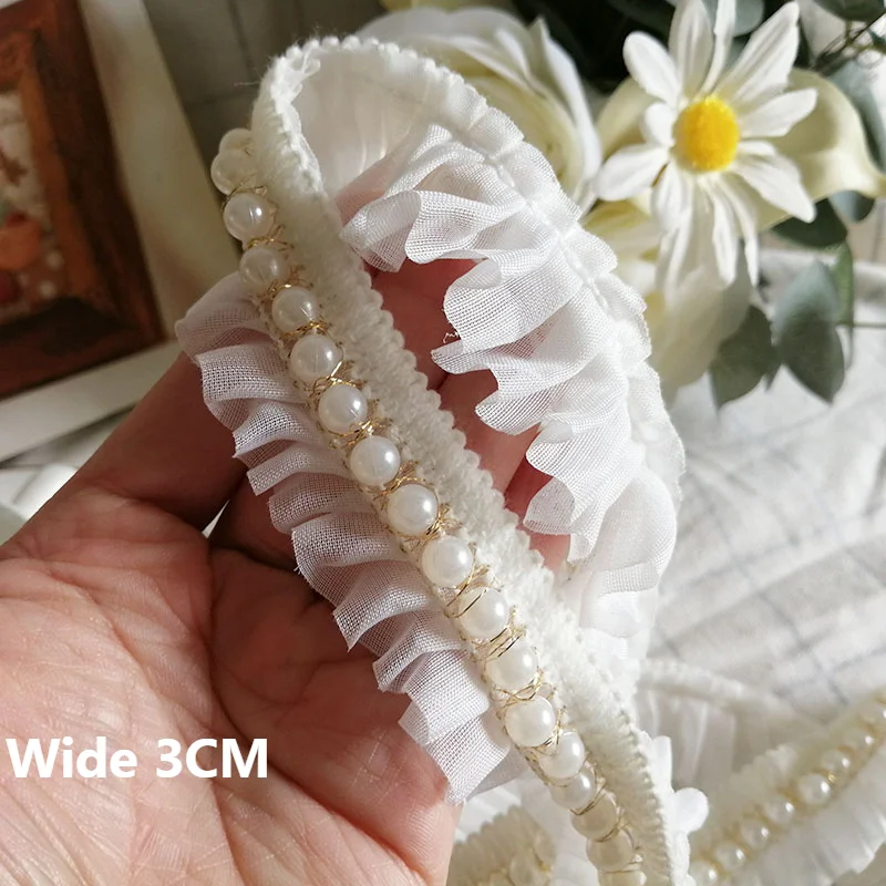 

3CM Wide Luxury White 3D Pleated Chiffon Fabric Embroidered Ribbon Beaded Fringe Lace Edging Trim DIY Dress Guipure Sewing Decor