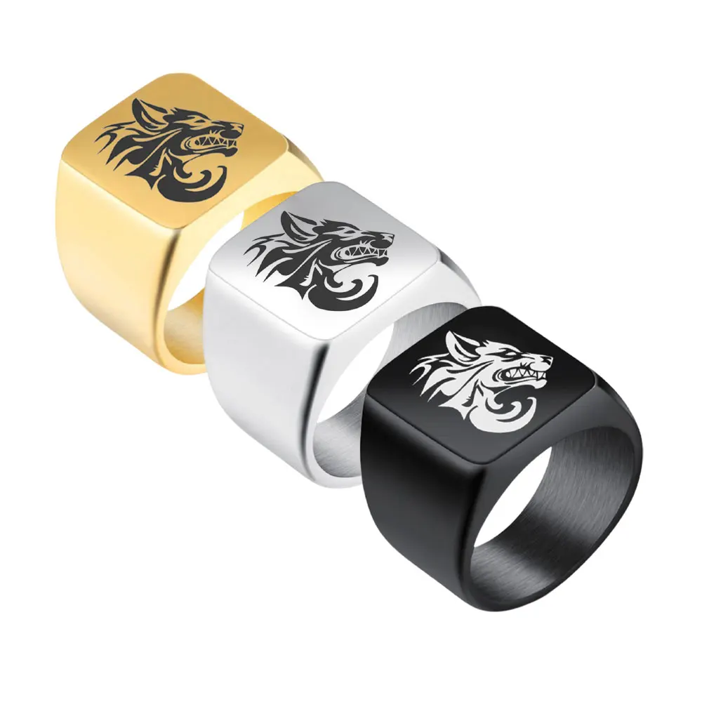 

Men's Fashion Retro Personalized Wolf Head 18mm Stainless Steel Stamp Heavy Stamp Ring Golden Custom Jewelry Gift For Him