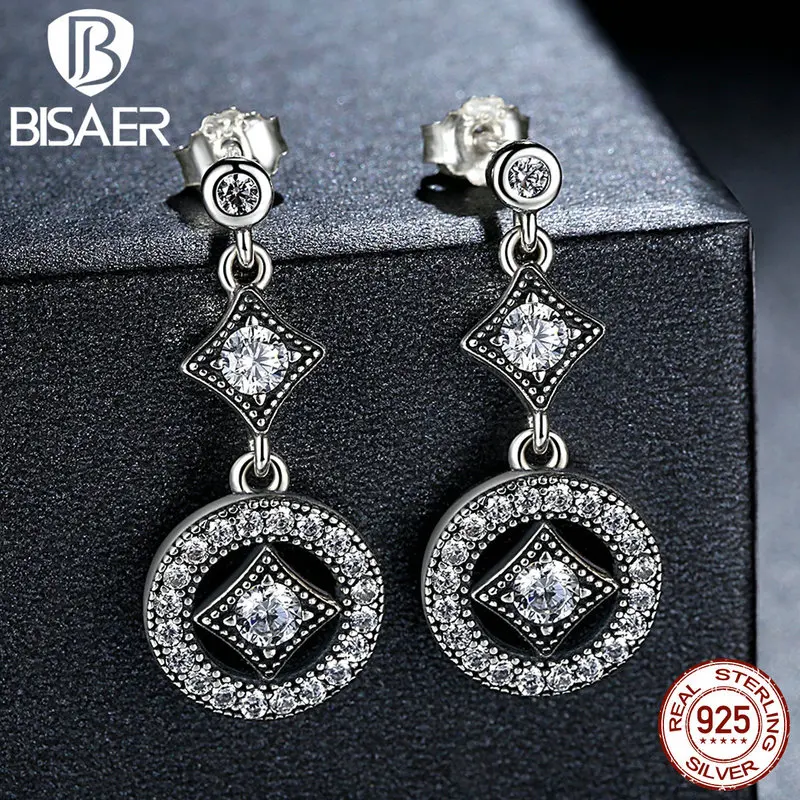 BISAER, 925 пробы, серебряные, с AAA цирконием, винтажные, Allure, висячие серьги для женщин, модные ювелирные изделия для помолвки, WEUS492