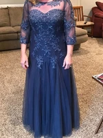 blue mother of the bride dresses a line 34 sleeves tulle appliques beaded plus size long groom mother dresses for weddings
