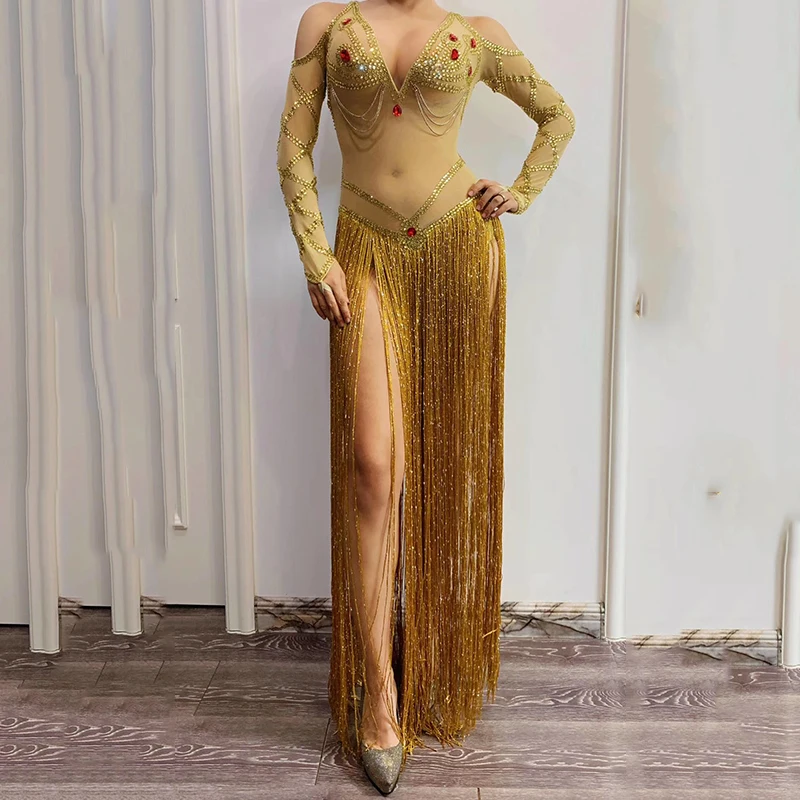 

Gold Red Rhinestones Long Fringe Transparent Mesh Bodysuit Bar DS Dance Clothes Women's Birthday Celebrate Outfit DWY3260