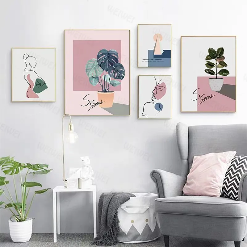 

Simple Nordic Morandi Color Abstract Line Mural Character Bedroom Plant Combination Living Room Decoration Canvas Painting