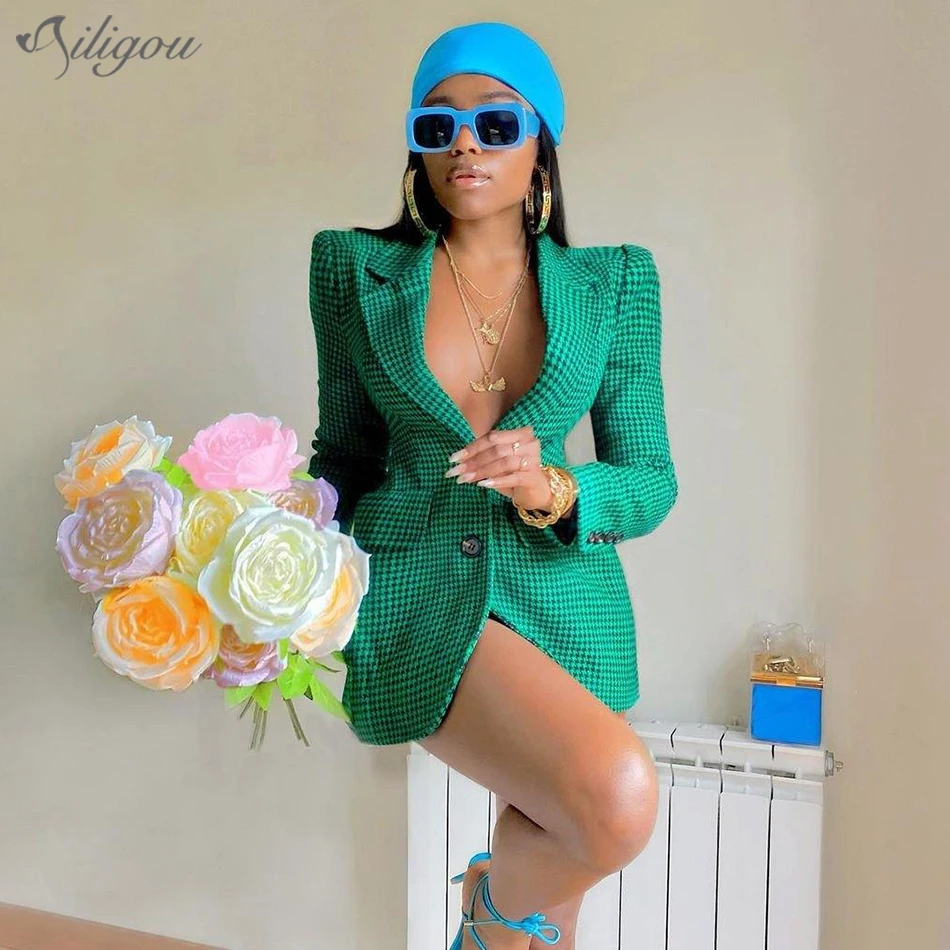 

Ailigou 2021 New Ladies Wool Blazer Houndstooth Suit Single Breasted Sexy V-neck Ladies Jacket Office Summer Suit Jacket Elegant
