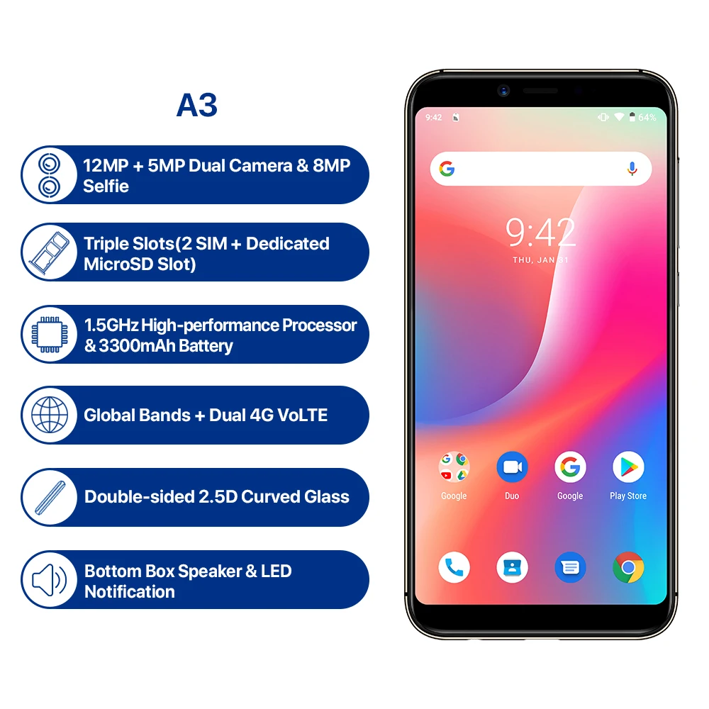 UMIDIGI A3 Смартфон с 5 дюймовым дисплеем четырёхъядерным процессором Android 9 0 ОЗУ 2 Гб