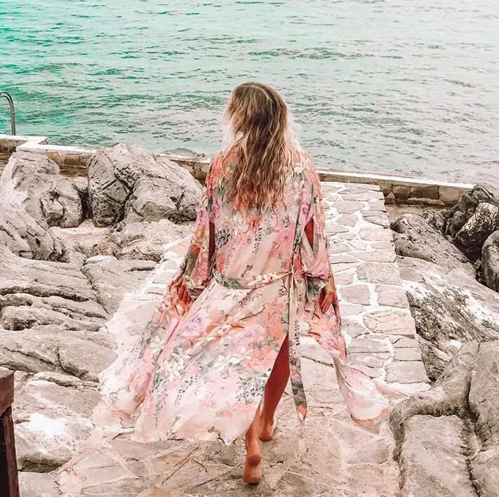 Женское длинное кимоно ElfStyle с цветочным принтом пальто поясом и разрезом сбоку