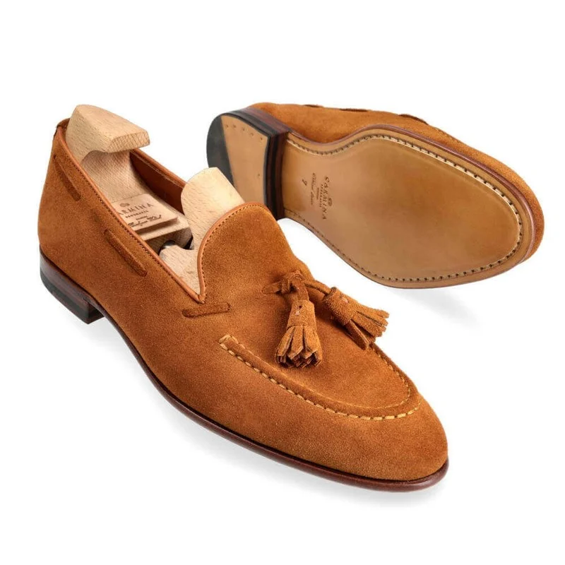

Fashion Brown Faux Suede Loafers Shoes Pointed Toe Low Heels Tassels Fashion Spring and Autumn Мужская повседневная обувь KE614