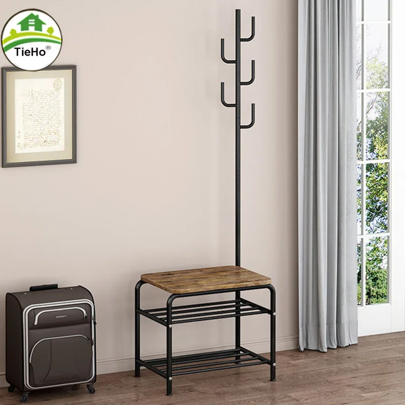 

Metal Shoe Storage Rack with Coat Rack Stool Ottoman Combination Multifunctional Shoe Cabinet Bedroom Furniture