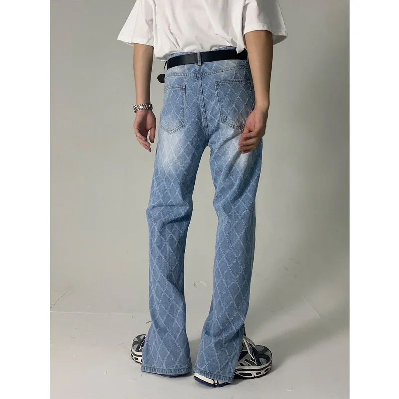 Mesh Jacquard Jeans Mens Plaid Grid Korean Casual Straight Wide Leg Pants Loose Slimming Slit Mop Pants Man Baggy Vintage Jeans