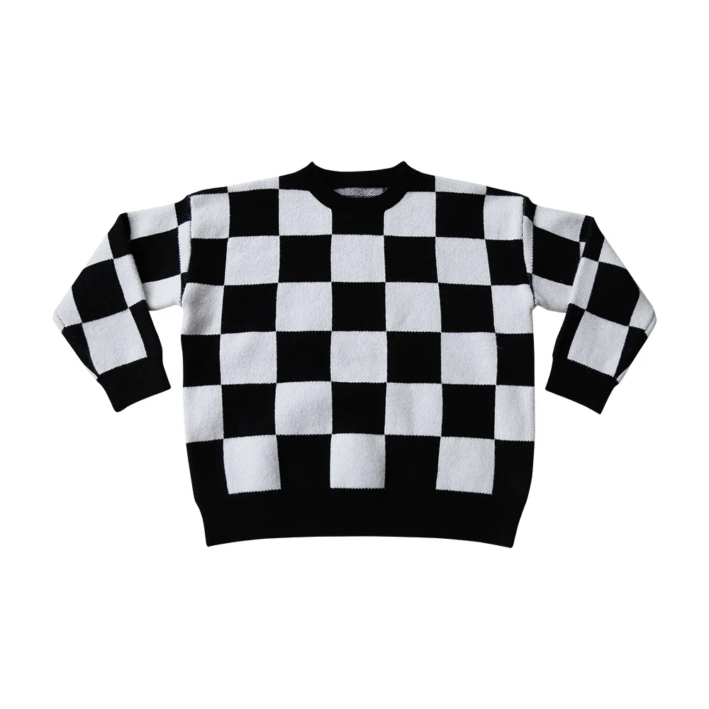 

HoneyCherry 2022 new parent-child clothing children's checkerboard sweater round neck loose warm sweater unisex top