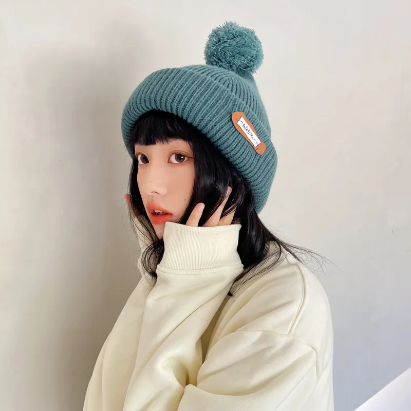 

Hair Ball Letter Label Woolen Cap Women Cute Autumn New Solid Winter Warm Hat Knitted Hat Lady Girls Gift